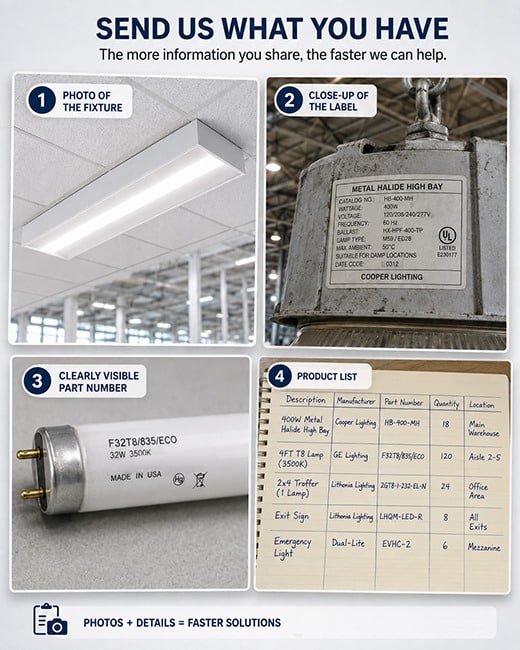 Four useful items to send: a fixture photo, close-up of the label, visible part number, or product list
